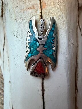 Turquoise & Coral Inlay Peyote Bird Zuni Pendant Necklace - Women Jewelry